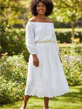 #66 MEXX   White Eyelet Off-Shoulder Peasant Top xl  & skirt xxl 2 SET